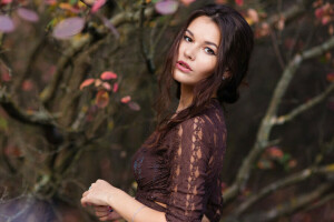 beautiful, blouse, bokeh, branches, brunette, hairstyle, in the woods, look