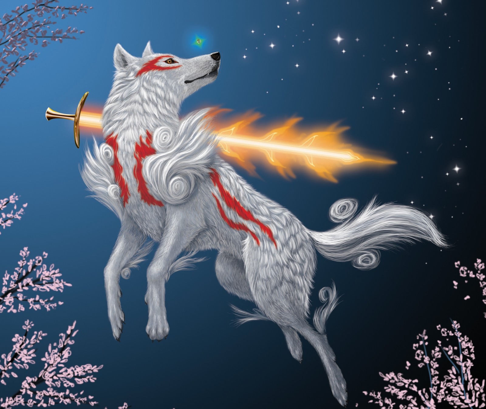 arte, spada, fuoco, lupo, Sakura, Okami