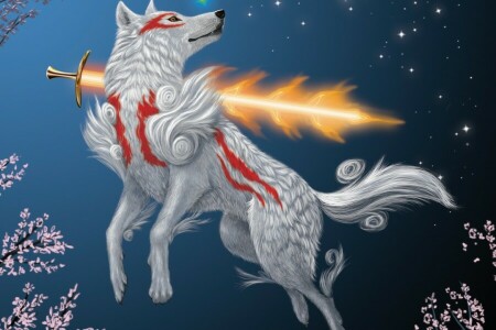 art, fire, Okami, Sakura, sword, wolf