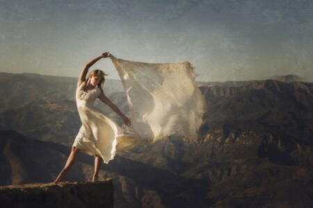 dress, girl, mood, mountains, shawl, texture, the wind