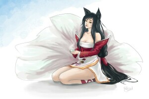 Ahri, background, Cup, ears, face, girl, League of Legends, lol