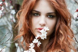 girl, green eyes, hair, look, spring, Twigs