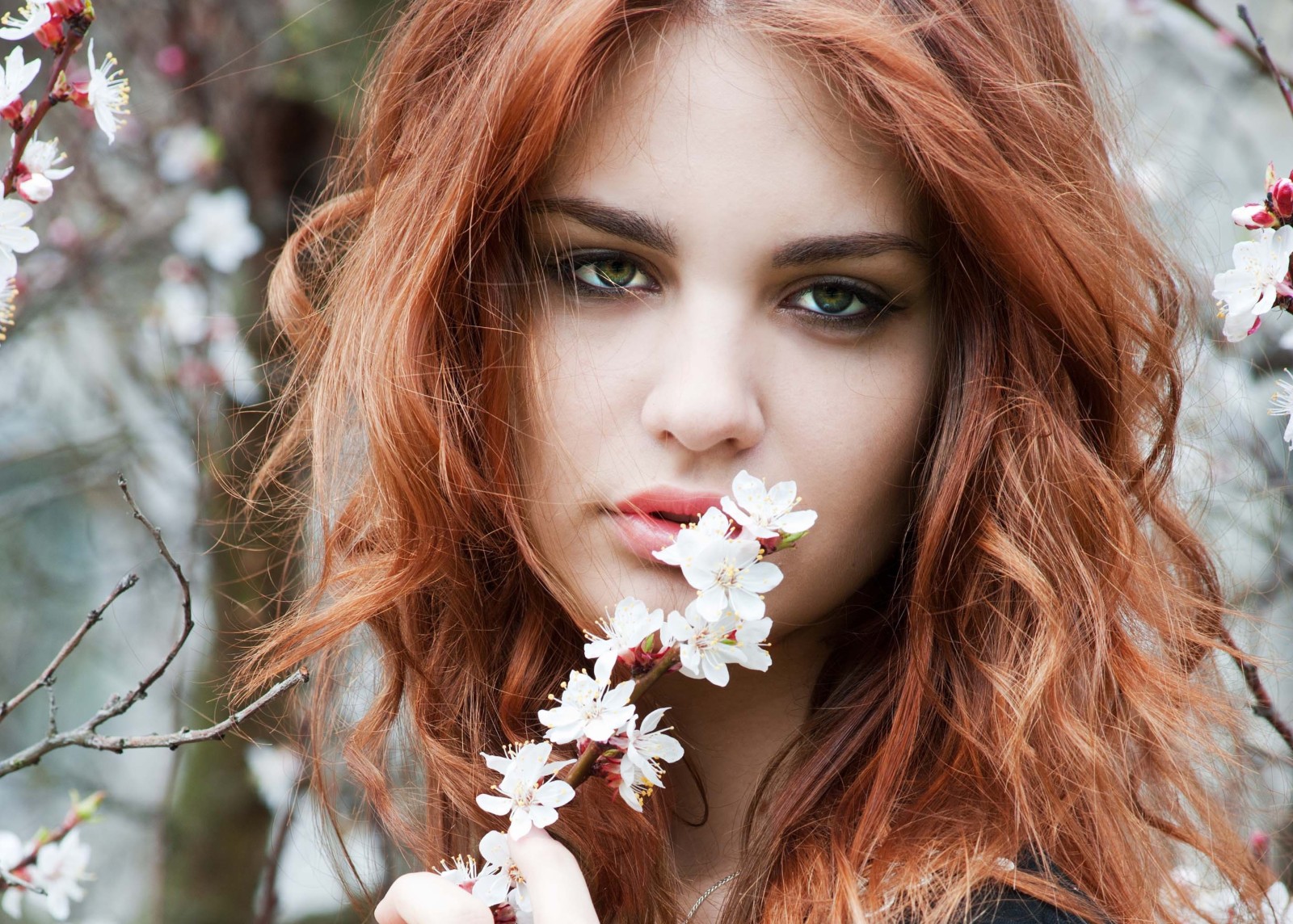 Veja, menina, Primavera, cabelo, Galhos, olhos verdes