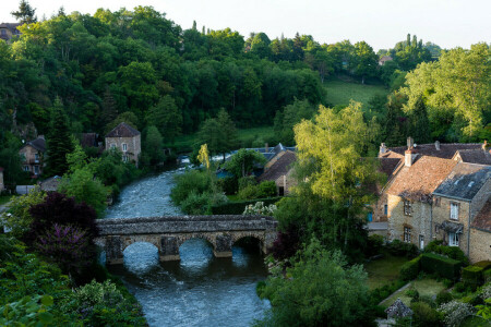 Köprü, Fransa, ev, nehir, Saint-Ceneri-le-Gerei, ağaçlar, köy