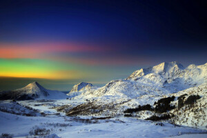 munţi, Auroră boreală, zăpadă, cerul, iarnă