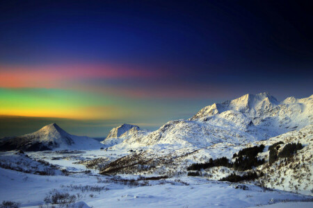 mountains, Northern Lights, snow, the sky, winter