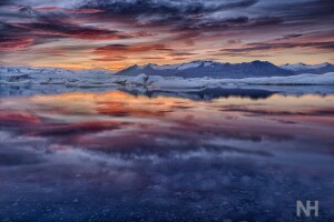 Gletscher, bjerge, solnedgang, Havet