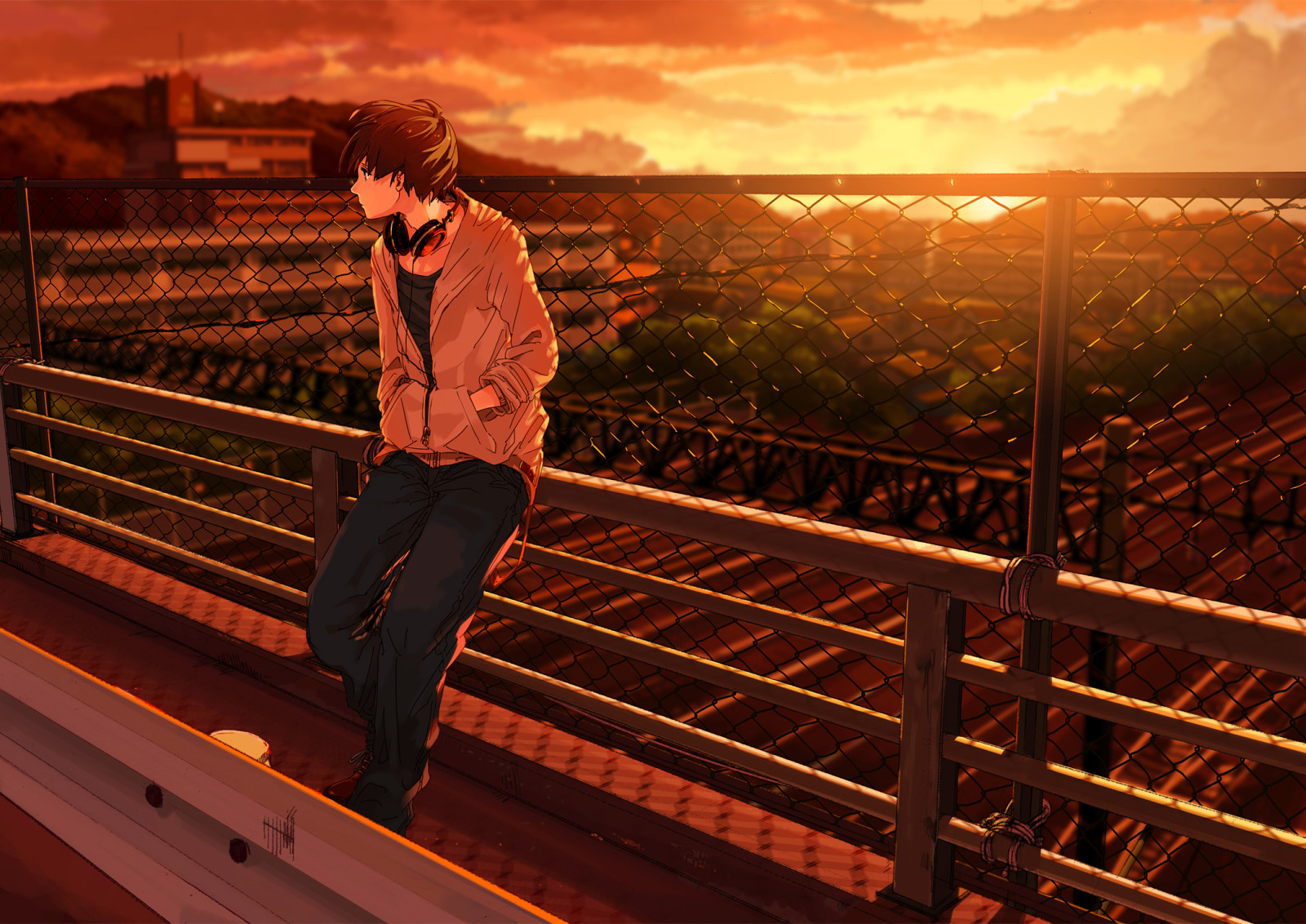 puesta de sol, la carretera, Arte, Puente, anime, Auriculares, la cerca, chico