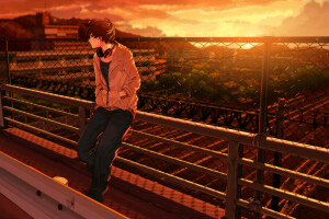 anime, art, Pont, gars, Écouteurs, kurono-fuel, route, le coucher du soleil