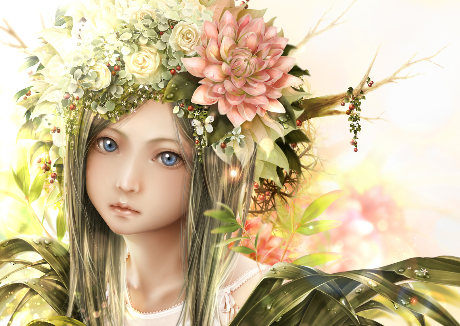 cara, niña, flores, Arte, rama, gotas, anime, bouno satoshi