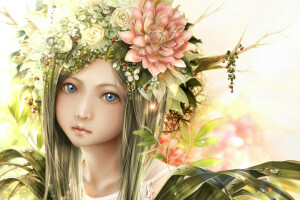 anime, art, bouno satoshi, branch, drops, face, flowers, girl