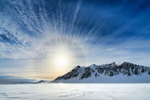 Antarktis, skyer, bjerge, sne, himlen, solen