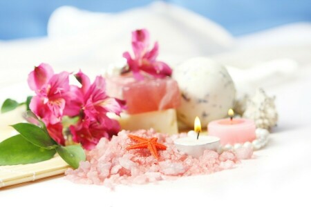 candles, flowers, sea salt, starfish