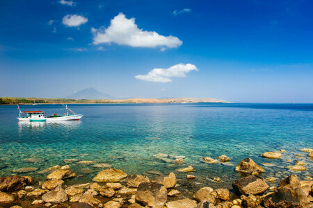 Bay, boat, clouds, coast, fisherman, mountains, reef, rocks