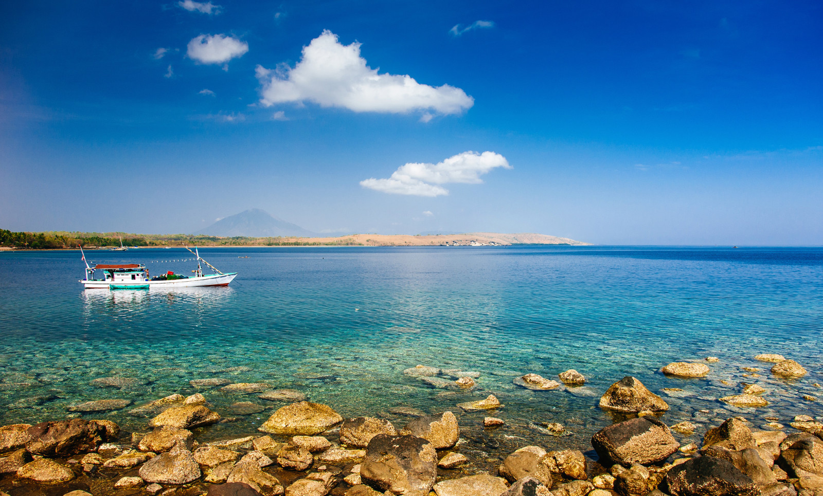 the sky, summer, Bay, clouds, mountains, boat, rocks, coast