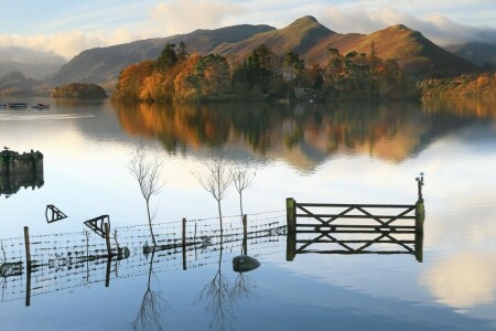 autumn, boats, hills, house, lake, the fence, trees