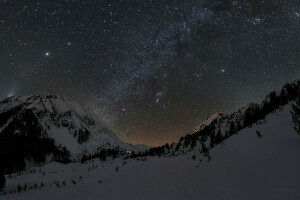 montanhas, noite, neve, estrelas, a via Láctea, o céu, inverno