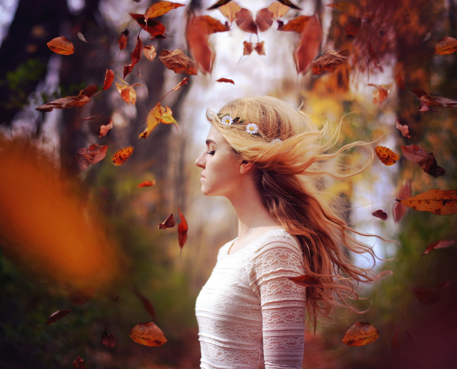 l'automne, fille, feuilles