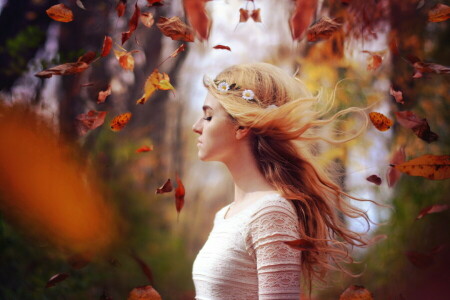 l'automne, fille, feuilles