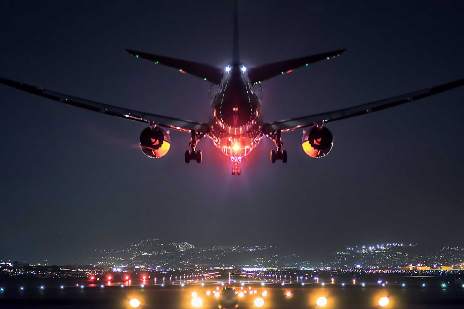 panorama, luzes, Japão, o avião, Osaka, aeroporto, Boeing 787