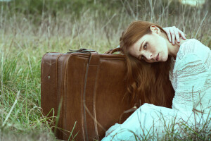 girl, grass, suitcase