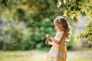 A Diakov George, branches, bubbles, child, girl, leaves, nature, summer