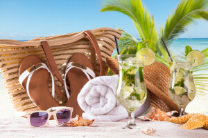 Tasche, Strand, Cocktail, Brille, Limette, Mojito, Palmen, Paradies