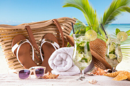 Tasche, Strand, Cocktail, Brille, Limette, Mojito, Palmen, Paradies