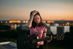 niña, guitarra, Música