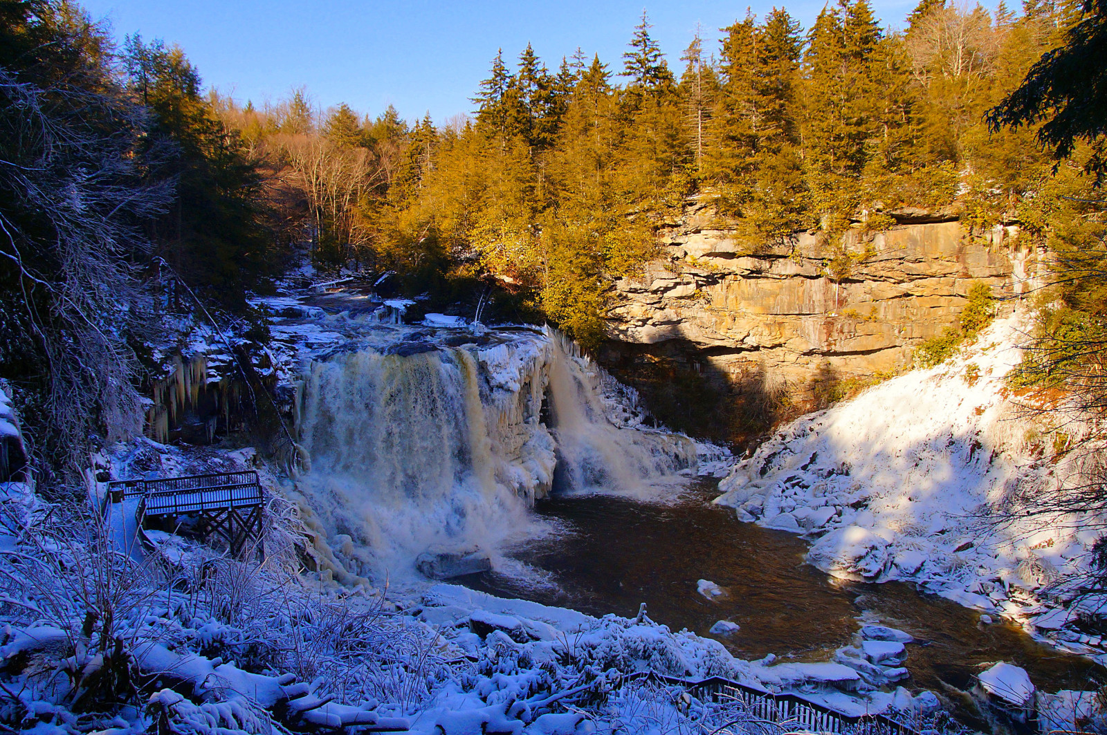 snow, forest, the sky, river, winter, Bridge, rocks