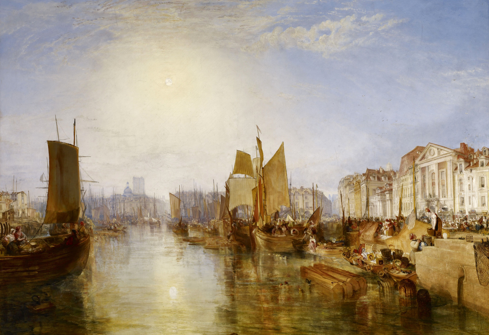 a cidade, panorama, cenário, casa, barco, vela, William Turner, Harbor DPA