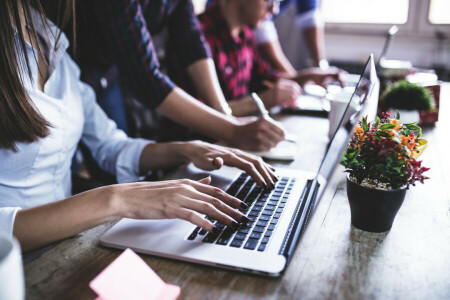 vingers, bloemen, laptop, tafel