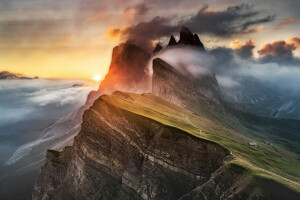 Alpes, nuvens, névoa, luz, Montanha