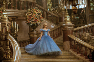 Cinderella, dress, flowers, hall, ladder, Lily James