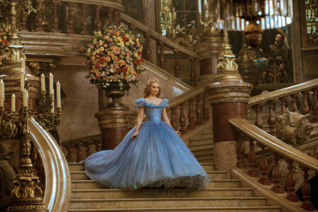 Cinderella, dress, flowers, hall, ladder, Lily James