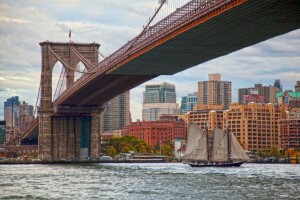 Bridge, Brooklyn bridge, building, East River, Manhattan, New York, New York City, sailboat