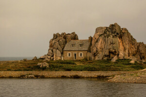 Bretaña, Francia, casa, rocas, El castillo meur, el cielo