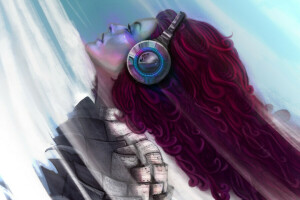 art, girl, Headphones, Music, profile, red hair