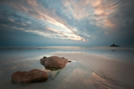 strand, sand, hav, sten, solnedgang