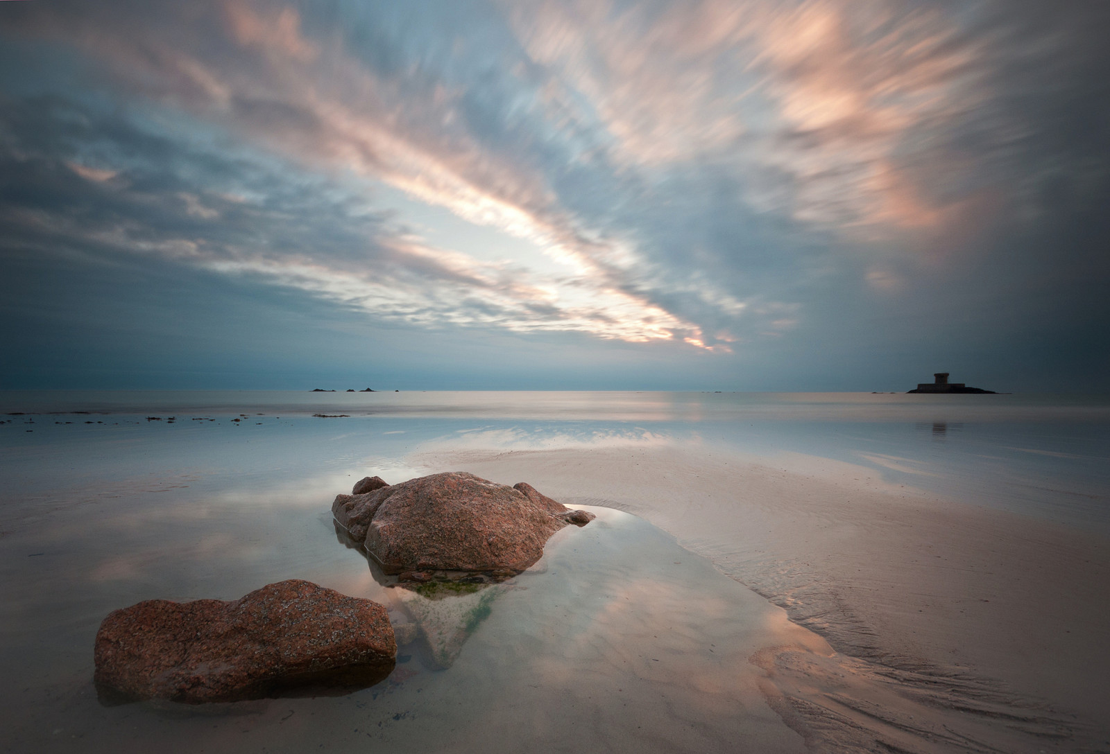 solnedgang, Strand, steiner, hav, sand