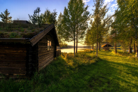 gazebo, Hedmark County, house, Hut, lake, Norway, shore, trees