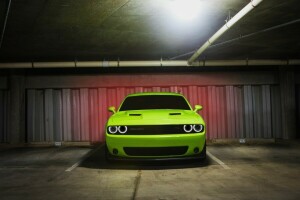 car, Challenger, Dodge, Front, green, light, muscle, R/T