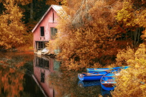 jesień, łodzie, jezioro, krajobraz, pozostawia, Natura