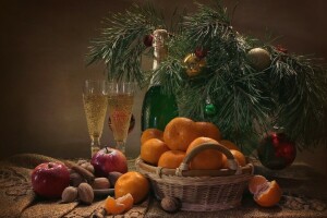 apples, champagne, cinnamon, glasses, holiday, nuts, pine, Still life