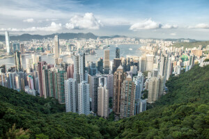 Hong Kong, bjerg, panorama, skyskrabere, byen