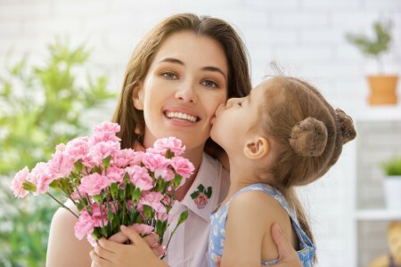 se soucier, fille, fleurs, l'amour, maman, tendresse