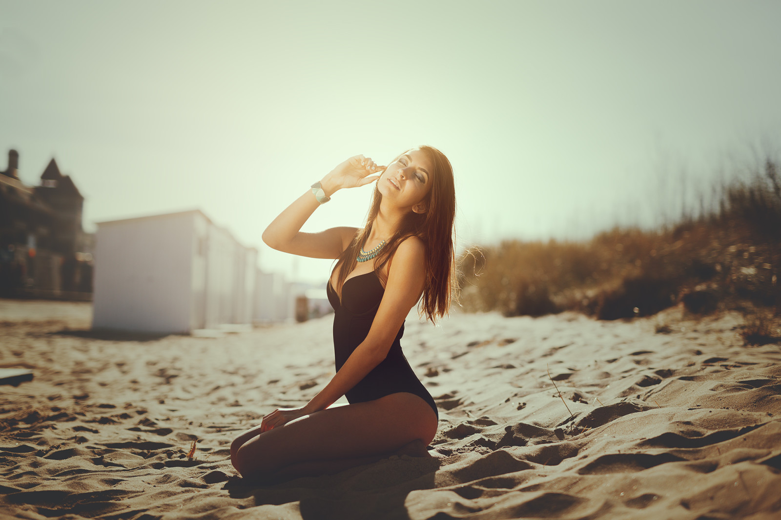 zomer, meisje, strand, haar-, de zon, zwempak