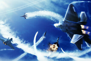 battle, clouds, Fighters, fire, Namco Bandai Games, Project Aces, the explosion, the sky