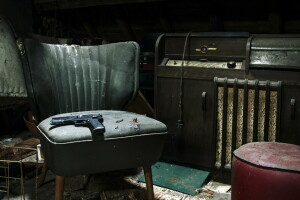 background, chair, gun