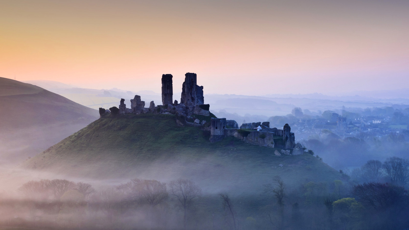 montagnes, Angleterre, collines, brouillard, Dorset, Château de Corfe